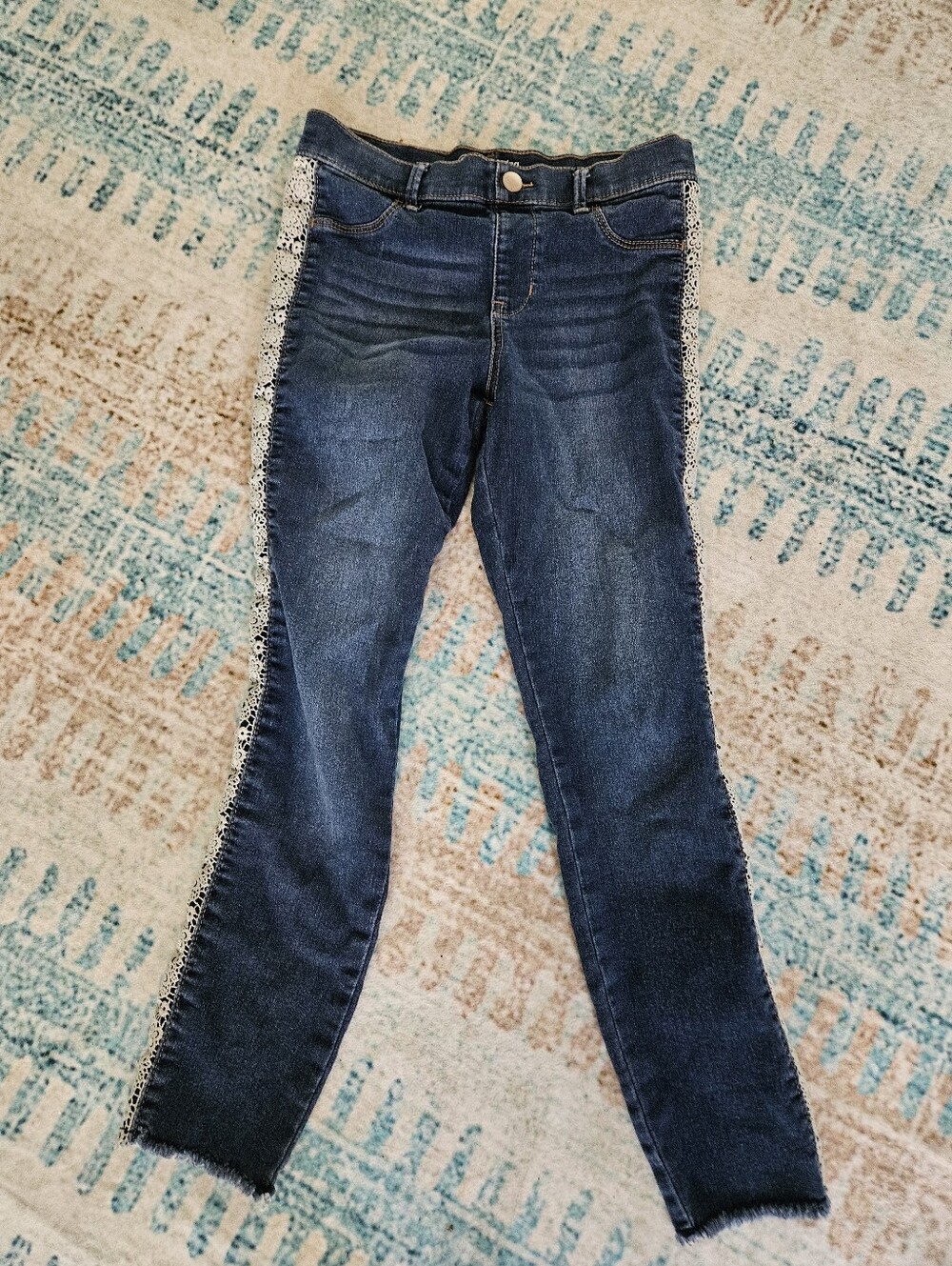 Dark Blue Girls Jeans with Side Crochet Trim